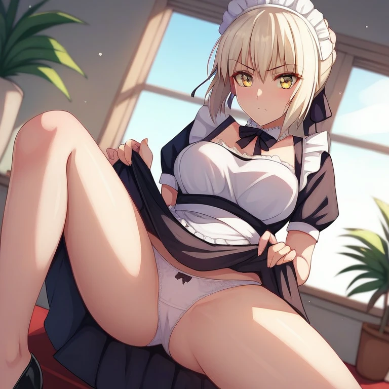 [Stable Diffusion] Jambes écartées Sabre du destin Fate Saber Alter Jupe relevée R18 Pantalon regardant le spectateur Jupe Uniforme de soubrette [Illustration]